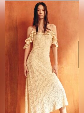 ZARA Studded Yellow Lace Dress Off the Shoulder Ruffles Spaghetti Strap NWT S